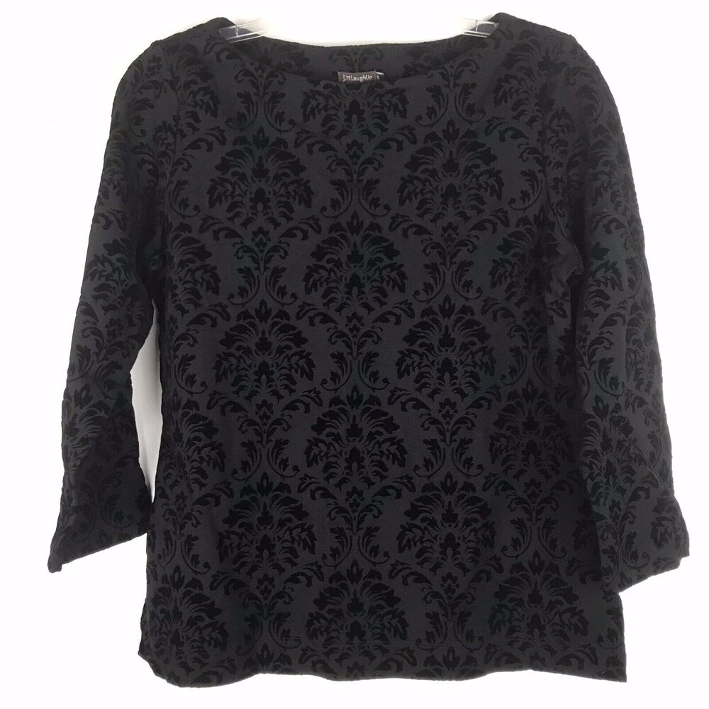 J. McLaughlin Black Velvet Floral Top Blouse Bateau Neck 3/4 Sleeve Womens Small
